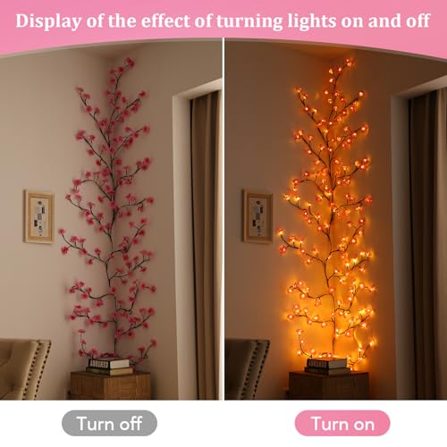 NIDISETPJAS Cherry Blossom Lights with Remote, 7.5 Ft 144 Flowers Enchanted Willow Vine Lights, 18 Branches 144 LEDs Lighted Willow Vine Tree Lights for Walls Bedroom Home Room Decor, Brown Branch - color: Brown-Flower, size: 1 Pc