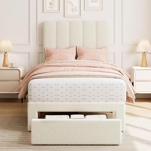 GarveeHome Twin Bed Frame, Platform Bed with Headboard & Drawer for Kids | Upholstered Bed Frame, Easy Assembly, Wooden Slats Support, No Box Spring Needed, Boucle Beige - color: Boucle Beige, size: Twin