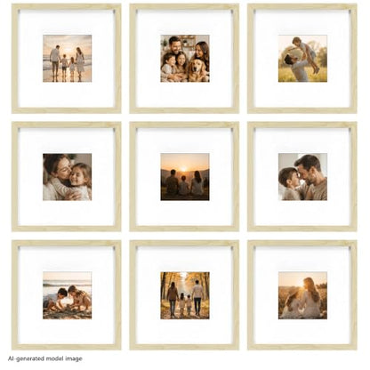 HEART ART 8x8 Natural Wood Picture Frame 4x4 with Mat Set of 9 | Gallery Wall Frame Set, Collage, Square Picture Frames - color: Natural Wood, size: 8x8 for 4x4