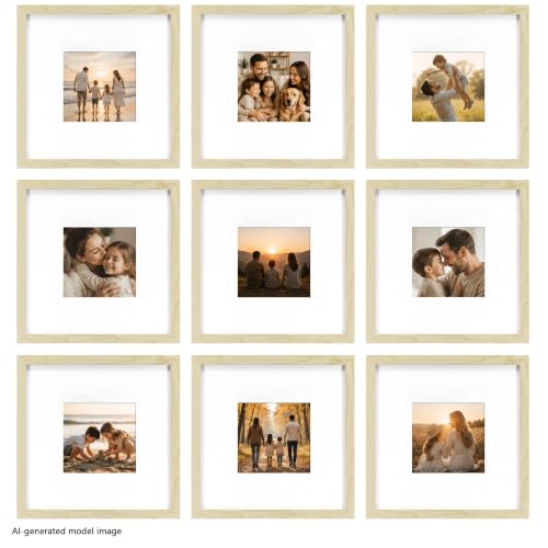 HEART ART 8x8 Natural Wood Picture Frame 4x4 with Mat Set of 9 | Gallery Wall Frame Set, Collage, Square Picture Frames - color: Natural Wood, size: 8x8 for 4x4