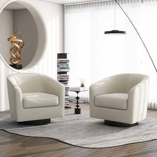 Swivel Barrel Accent Chair, Comfy Reading Armchair, Beige, Set of 1 | Club Chairs for Adults, Low-Back Design, Modern Round Style, Solid Wood Frame & Metal Swivel Base, For Living Room & Bedroom - color: Beige