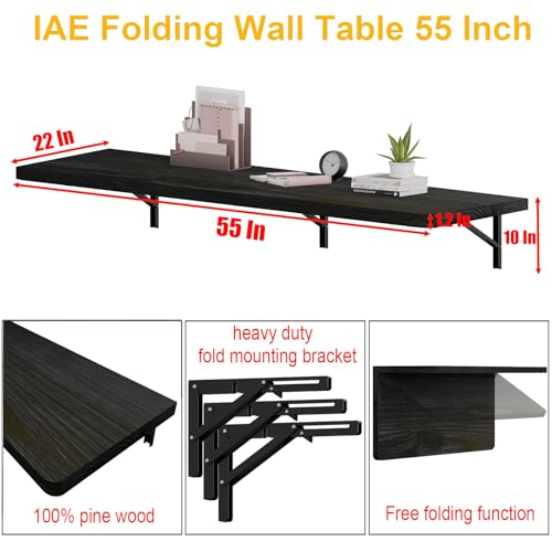 IAE Floating Wall Mounted Folding Table Desk with Pine Wood,55x22in, Black | Foldable Workbench,Fold Down Wall Mounted Foldable Desk with Shelf Brackets,Laundry Folding Table for Home,Dining,Kitchen - color: Black, size: 55*22*10 Inch