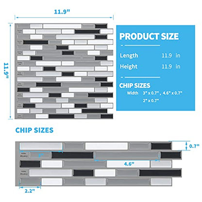 Art3d 12" x 12" Peel and Stick Tile Kitchen Backsplash Sticker Gray Brick (6 Tiles) - color: Gray-white