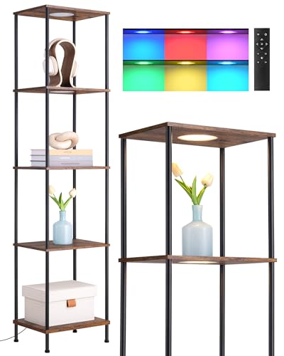 EDISHINE RGBW Floor Lamp with 5-Tier Display Shelves, Remote Control | 2700K–6500K, 3 Lighting Modes, Farmhouse Fire-Burned Wood for Living Room, Bedroom, Office - color: Burnt wood