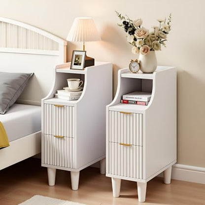 7.9" Narrow Fluted Nightstand Set of 2,Slim Side End Table with 2 Drawers,White Modern Bedside Table,Skinny Night Stand for Bedroom,Small Space - color: White,7.9" With 2 Drawers