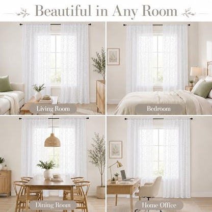 White Sheer Curtains 96 Inches Long - Jacquard Leaf Clip Textured Sheer Curtains for Living Room, Farmhouse Light Mitering Window Treatments Drapes with Rod Pocket, 2 Panels, 2x42Wx96L Inches - color: White, size: 42"W x 96"L (Pack of 2)