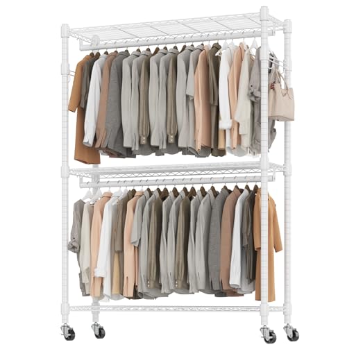 BATHWA Clothes Racks for Hanging Clothes, 25 mm tube Heavy Duty 47.3" W x 17.7" D x 80.7" H Large Wardrobe Rack with Shelves & Wheels Rolling Metal Commercial Multifuctional, White - color: White, size: Upgraded & Large