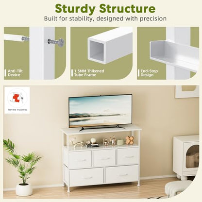 Simple Deluxe TV Stand Dresser for Bedroom Entertainment Center with 5 Fabric Drawers, Storage Organizers Units for Living Room, Media Console Table with Open Shelf up for 45" TV, White, Wood top