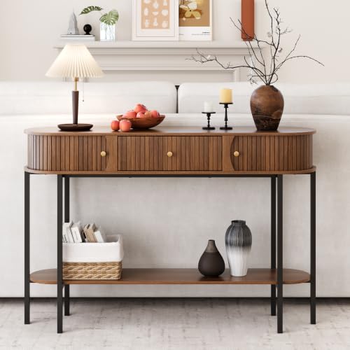 47.2" Entryway Table with Drawer and Storage, Narrow Console Table with Sliding Tambour Doors, Fluted Console Table Behind Couch for Hallway, Foyer, Living Room, Walnut, 220lbs Capacity