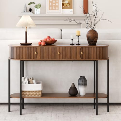 47.2" Entryway Table with Drawer and Storage, Narrow Console Table with Sliding Tambour Doors, Fluted Console Table Behind Couch for Hallway, Foyer, Living Room, Walnut, 220lbs Capacity