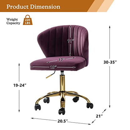 TINA'S HOME Office Desk Chairs with Wheels & Gold Base, Modern Velvet Cute Armless Office Chair, Adjustable Low Back Swivel Rolling Chair, Upholstered Task Chair for Living Room Vanity Study-Purple | Modern Velvet Cute Armless Office Chair, Adjustable Low