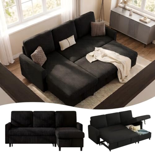 Shintenchi 70'' Sleeper Sofa Bed with Storage, Convertible Pull Out Couch Futon for Living Room, Apartment, Corduroy Fabric L Shaped Sectional Sofa Pull-Out Bed, Black - color: Black