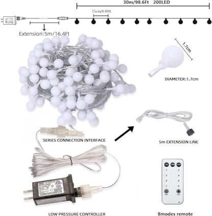 RaThun Globe String Lights Plug in 116 Ft. 200 LED 8 Modes with Remote,Waterproof Fairy String Lights for Indoor Outdoor Bedroom Party Wedding Garden Christmas Tree Decor,Warm White | 200 LED Fairy Lights with Timer, 8 Modes, 16ft Extended Lead, Plug in f