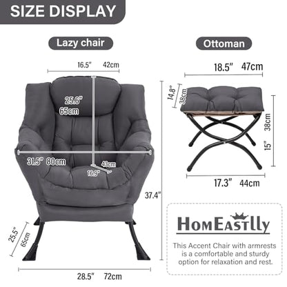 Lazy Chair with Ottoman, Soft Comfy Chair for Bedroom, Grey | Reading Accent Lounge Chair with folding Foot Stool for Living Room Dorm Apartment, sturdy metal frame - color: Dark Grey