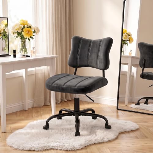 Homkdom Velvet Vanity Chair with Bow Backrest & Height Adjustable,Bedroom | Armless,360 Swivel,Silent Casters for Dressing Room & Living Room, Home Office,Make up,Reading,Black - color: Black