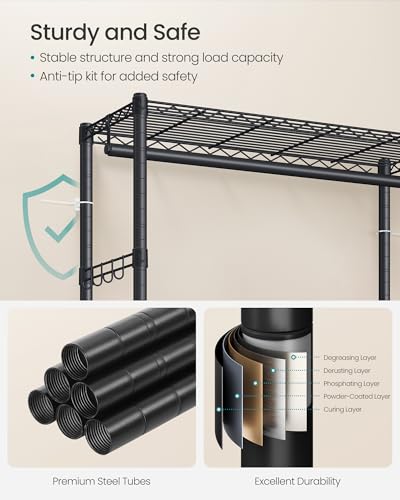 SONGMICS Heavy-Duty Rolling Clothes Rack, Garment Rack, Portable Closet on Wheels, with Adjustable Mesh Shelves and Hanging Rails, Hooks, 15.8 x 35.4 x 78.3 Inches, Ink Black ULGR416BH01 - size: 35.4"W
