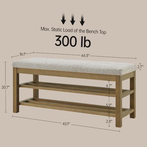 VKNOW 44.3” Entryway Bench, 2-Tier Upholstered Shoe Storage Bench, Brown | Shoe Bench with Rubberwood Legs, Shoe Rack for Entryway, Hallway, End of Bed, Living Room - color: Brown1
