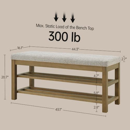 VKNOW 44.3” Entryway Bench, 2-Tier Upholstered Shoe Storage Bench, Brown | Shoe Bench with Rubberwood Legs, Shoe Rack for Entryway, Hallway, End of Bed, Living Room - color: Brown1