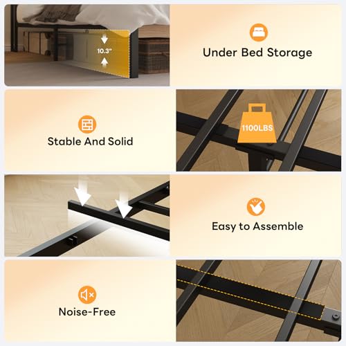 LIKIMIO King Size Bed Frame with Headboard, LED Lights and Charging Station | Upholstered sherpa storage headboard with LED & charger; heavy-duty slats; noise-free; modern elegance; natural and cream - color: Natural and Cream, size: King
