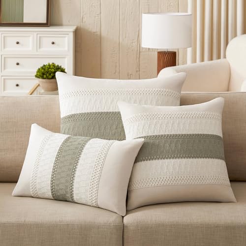 2 Pack Boho Lumbar Pillow Covers, Contrast Dark Sage 12x20in | Soft Breathable Cotton, Farmhouse Decorative Couch Pillow Cases, Cushion Covers for Sofa Bed Living Room Home Decor - color: Contrast/Dark Sage, size: 20" x 12" (Pack of 2)