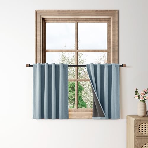 100% Blackout Kitchen Linen Curtains Back Tab Pleated Short Drapes 24 Inch Length Privacy Elegant Mini Cafe Curtain for Rustic Farmhouse Sound Proof Bedroom Small Window Blue 26x24 - color: Blue, size: 26"W x 24"L (Pack of 2)