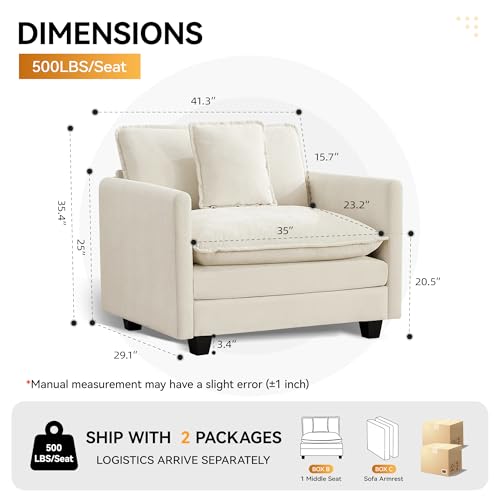 WUTUTUEE 41'' Modern Chenille Oversized Chair, Upholstered Accent Living Room Chair with Extra Thicked Deep Seat, Single Lounge Chair for Bedroom, Small Apartment, Beige - color: Beige, size: 41'' Single Seat