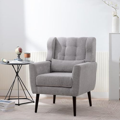 Accent Chair, Living Room Chairs with Solid Wood Legs & Pillow | Chairs Living Room with High Tufted Backrest, Reading Chair for Bedroom/Office, Chenille Fabric - color: Grey