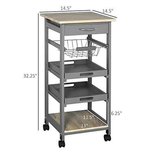 HOMCOM Mobile Kitchen Cart with Storage Solid Wood Frame Utility Cart Gray | Rolling Kitchen Island, Wire Fruit Baskets, Trays, Drawer - color: Grey