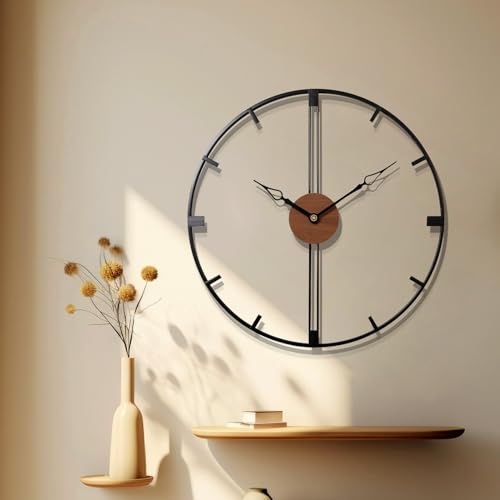 Metal Wall Clock Art for Living Room Decor Modern Mid Century Large Silent Kitchen Big Wall Clock for Bedroom Decorative Office Non Ticking Battery Operated Wall Watch 24 Inch - color: Black Metal