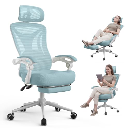 CYKOV Ergonomic Office Chair, Reclining, Footrest, Adjustable Lumbar, 350LB | 4-Way Headrest (4.72" + 60°), 2-Way Lumbar (2" + 1.18"), 90-135° Recline, Breathable Mesh, Gaming & Office, 5-Year Warranty - color: W-blue
