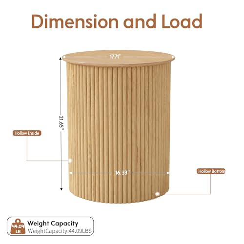 Round Fluted Side Table Set of 2, 17.7" Mid-Century Modern End Tables, Wooden Bedside Table Round Nightstand Small Circle Sofa Accent Table for Living Room, Bedroom Home(Natural) - color: Natural, size: 17.7"D x 17.7"W x 21.6"H