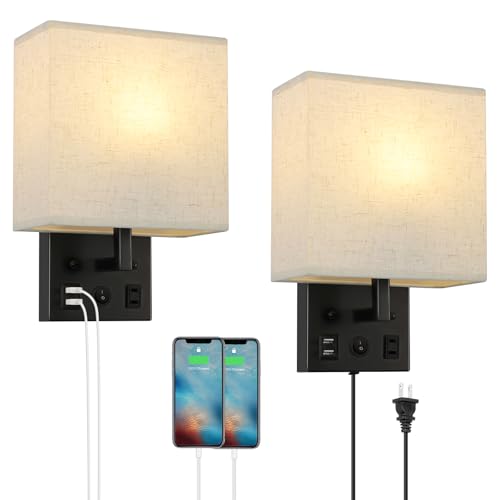 YBING Bedside Wall Lamp Set of 2, Modern Wall Sconces with Plug in Cord Nightstand Wall Lamps with Dual USB and AC Outlet Black Wall Lamps for Bedroom Living Room (2 Bulbs Included)