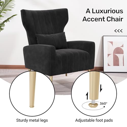 Nebuaegis Velvet Accent Chair Wingback for Living Room, High Back Arm Chair with Golden Legs Lumbar Pillow, Upholstered Single Sofa Bedroom Black - color: Black, size: Set of 1