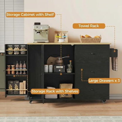 IRONCK Rolling Kitchen Island with Storage & Drop Leaf, 47.2" Kitchen Cart | with 3 Drawers, Spice Rack, Towel Rack, Storage Cabinet, Portable Mobile Island on Wheels, Black - color: Black