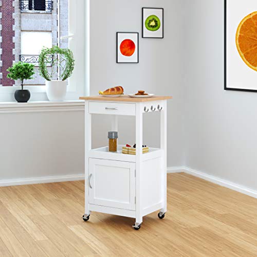 Kitchen Island Cart on Wheels, White Base | Drawer, Storage Cabinet, Shelf, Natural Solid Hardwood Top - color: White