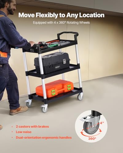 VEVOR Utility Cart, 300 lbs Load Capacity, 3-Tier Utility Plastic Cart with 360° Swivel Wheels (2 with Brakes), 24.4 x 16.1-inch Food Service Cart for Warehouse, Office, Home, Restaurant, Kitchen | Utility Cart Equipped with Brake Casters, Multi-Purpose S