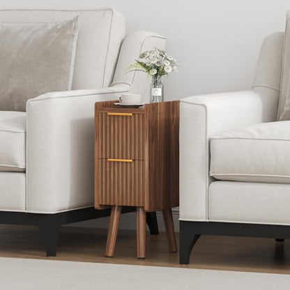 ELYKEN 7.9" Fluted Narrow Nightstand, 20.6" H Skinny Side Table, Walnut | Compact Design for Small Spaces, 2 Drawers, Wood Grain Finish, Perfect as Bedside Table, End Table or Sofa Side Table - color: Walnut-1 Pcs