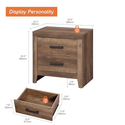 WAMPAT Nightstands Set of 2 with 2 Large Drawers, Wooden Bedside Tables with Storage for Bedroom, Farmhouse Rustic End Tables, Brown - color: Brown