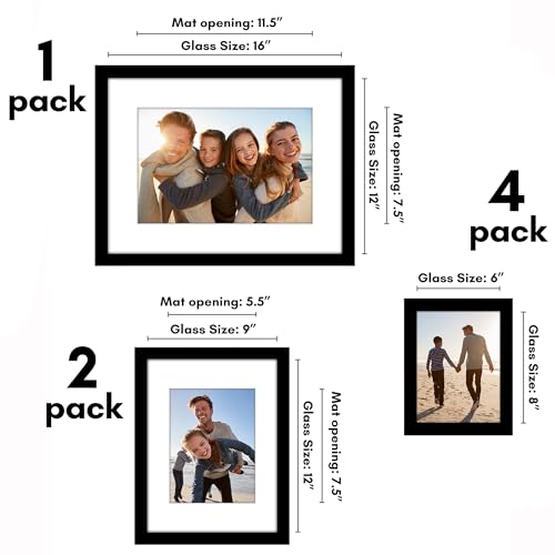 Americanflat Set of 7 Picture Frames with Shatter-Resistant Glass - Gallery Wall Frame Set with One 16x12, Two 9x12, and Four 6x8 Frames - Signature Collection - Black - color: Black, style: 7 Pack
