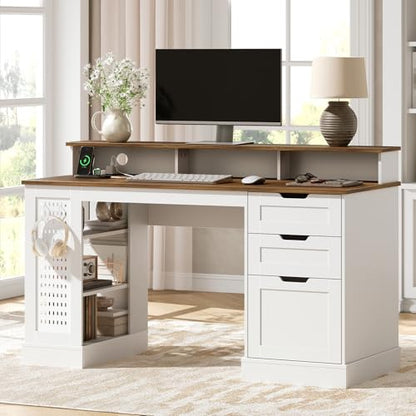 55-inch Farmhouse Executive Desk with 2 Drawers and File Cabinet, Computer Desk with 3-Tier Storage Shelves, Home Office Desk with Charging Station, Pegboard & Monitor Shelf, White and Walnut - color: White and Walnut