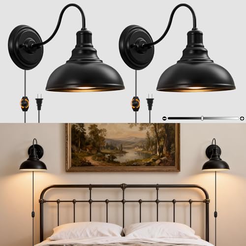 Lightess Plug in Wall Sconces Set of 2, Black Lamp with Cord Dimmer Switch | Gooseneck Farmhouse Style, Dimmable Switch Easy Brightness Control, Rustic Industrial Barn Style Fits Indoor Household Decor - color: 2 Pack-Black Plug in