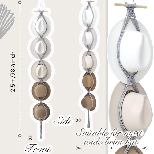 Macrame Hat Hangers Racks Boho Cowboy Hats Holders Western Display Organizer Storage decor Back of Door for Wall(Gray,Five Hats Style) - color: Gray, style: Five Hats Style