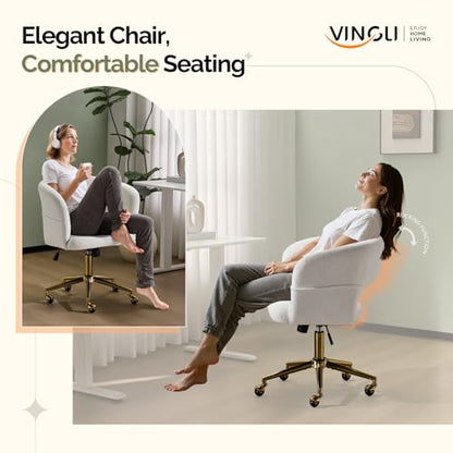 VINGLI Modern Curved Office & Vanity Desk Chair, Cute Upholstered Nail Chair with Wheels & 360° Swivel & Club & Tilting & Gold Base, for Bedroom, Living Room, Makeup, Velvet Chenille, White - color: White