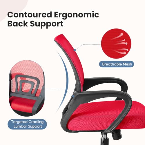 DUMOS Ergonomic Home Office Chair, Executive Mesh Desk Chair | Height Adjustable, Lumbar Support, Breathable Mid Backrest, Fixed Armrest, Rolling Wheels, Computer Gaming, Meeting, Red - color: Red