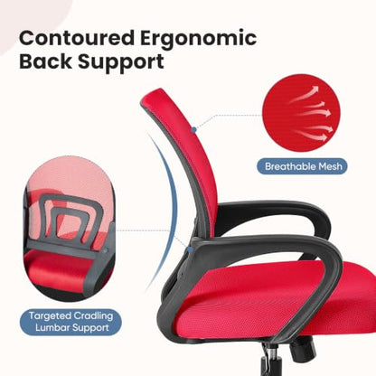 DUMOS Ergonomic Home Office Chair, Executive Mesh Desk Chair | Height Adjustable, Lumbar Support, Breathable Mid Backrest, Fixed Armrest, Rolling Wheels, Computer Gaming, Meeting, Red - color: Red