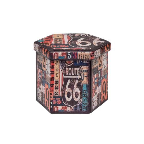 B FSOBEIIALEO Route 66 Storage Ottoman Hexagonal, Faux Leather Foot Rest Seat for Living Room, Storage Organizer 16.93"x15"x15" - size: 16.93*15*15 inches