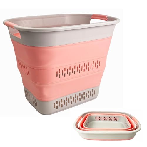 SAMMART 40L (10.5 Gallon) Collapsible Plastic Laundry Basket - Foldable Pop Up Storage Container/Organizer - Portable Laundry Hamper - Space Saving (1, Grey/Quartz Pink) - color: Grey/Quartz Pink