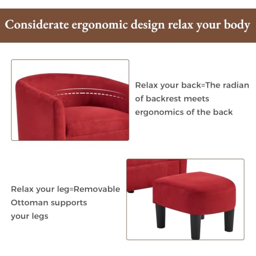 Oversized Accent Chair with Ottoman, 23.2" W Oversized Club Chair with Ottoman Set, Comfy Fabric Barrel Reading Chairs for Living Room Bedroom, Round Reading Chair with Foot Rest, Red - color: Red, size: Large