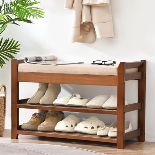 PETKABOO Shoe Rack Bench with Cushion, Shoe Rack for Front Door Entrance, Shoe Bench with Storage for Entryway Hallway Bedroom Living Room - color: Brown, style: 28 in