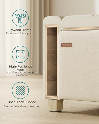SONGMICS Storage Ottoman, Storage Chest Bench with Legs, End of Bed Bench with Safety Hinges, Pull Tab, for Living Room, Bedroom, 19.7 x 47.6 x 16.5 Inches, Linen-Look Fabric, Summer Sand ULOM511LF01 | Foot Rest with Legs, 19.7 x 47.6 x 16.5 Inches, End o